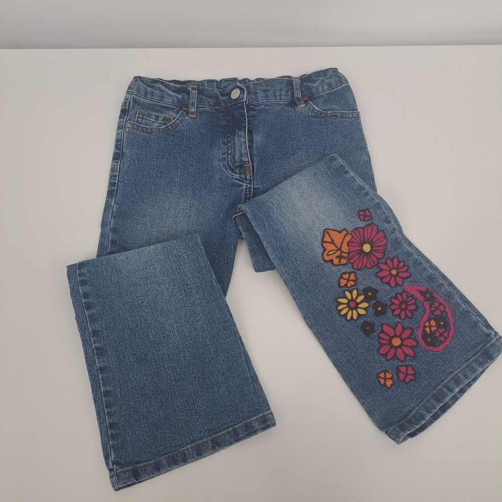Lilly Pulitzer Girls 6X Blue Floral Embroidered Flare Jeans Boho Preppy Boho Y2K